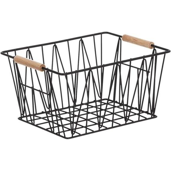 Wire storage baskets set of 3 black metal bins with wood handles home organizati - Picture 3 of 7